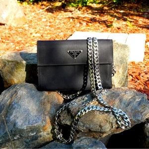 SOLD!!! Authentic Prada Nylon tri-fold wallet black cokes with chain